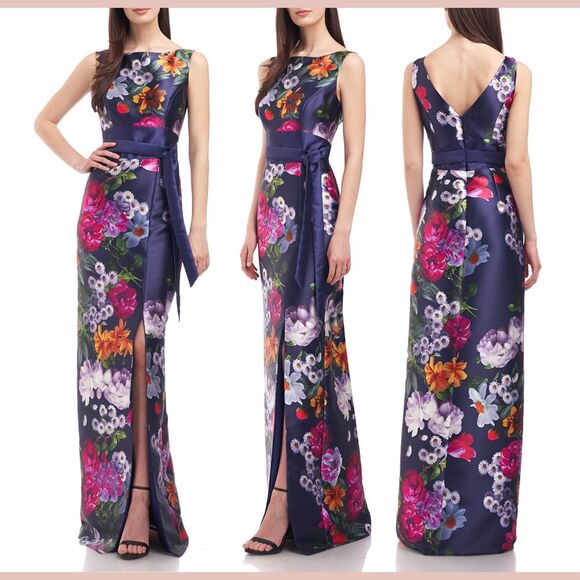 NWD $298 KAY‎ UNGER [ 6 ] Floral Mikado Carina Column Gown Midnight Purple - Picture 1 of 16
